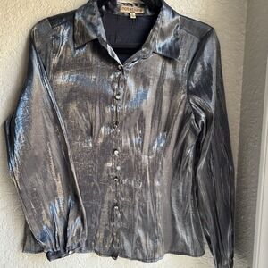 Vintage Notations Womens Silver Metallic‎ Button Y2K Long Sleeve Shirt Petite L